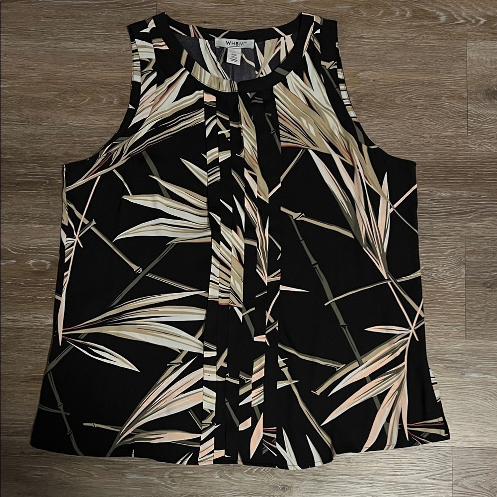 White House Black Market Black Tropical Leaf Tie-Neck Shell